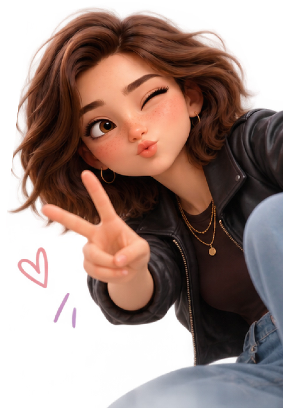 Oopsy winking and making a peace sign